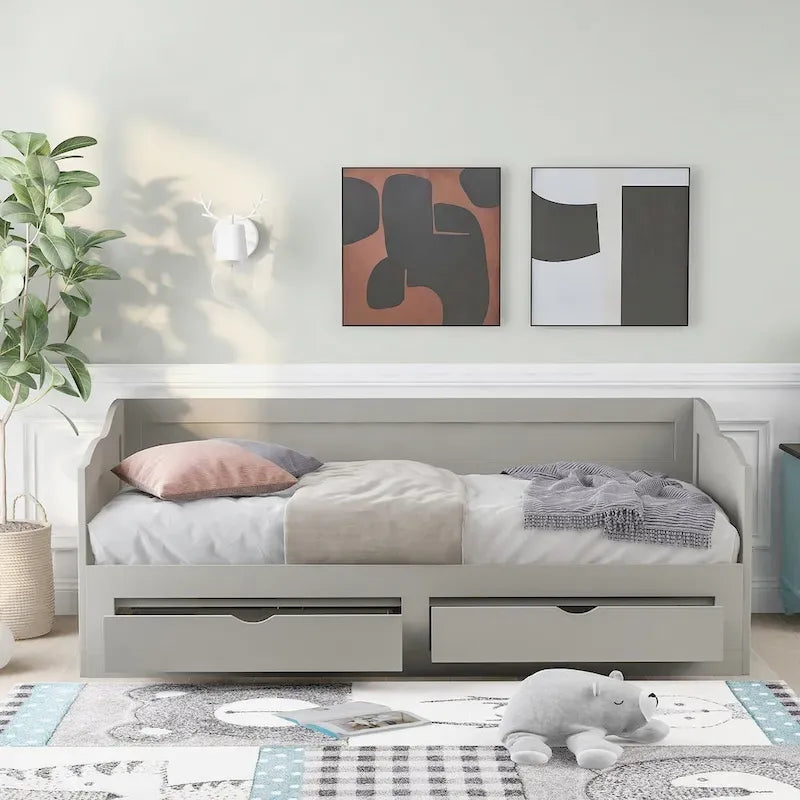 Wooden Extendable Sofa Bed, Daybed with Trundle and 2 Storage Drawers