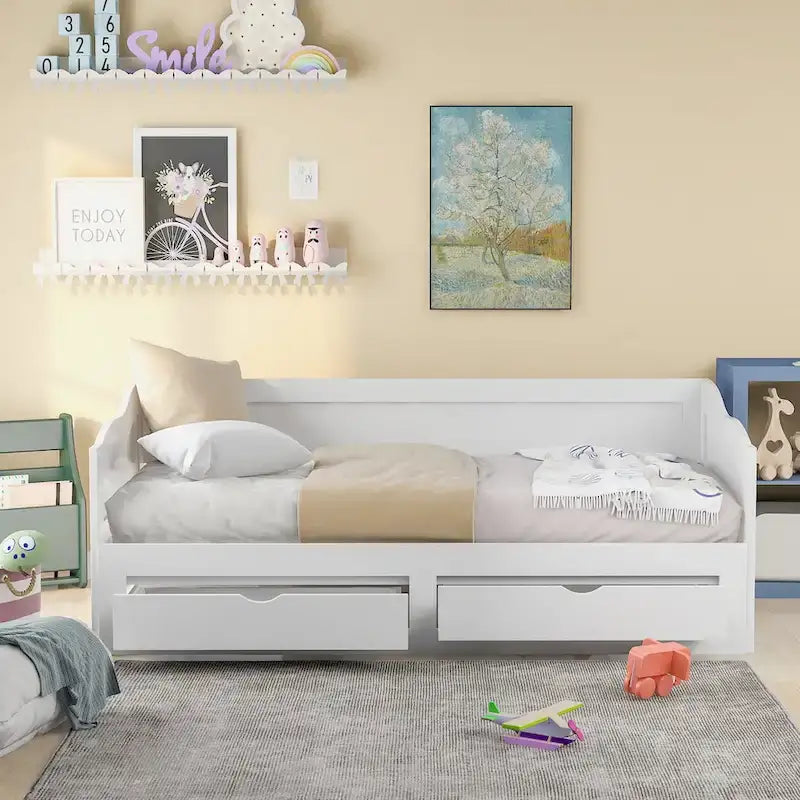 Wooden Extendable Sofa Bed, Daybed with Trundle and 2 Storage Drawers