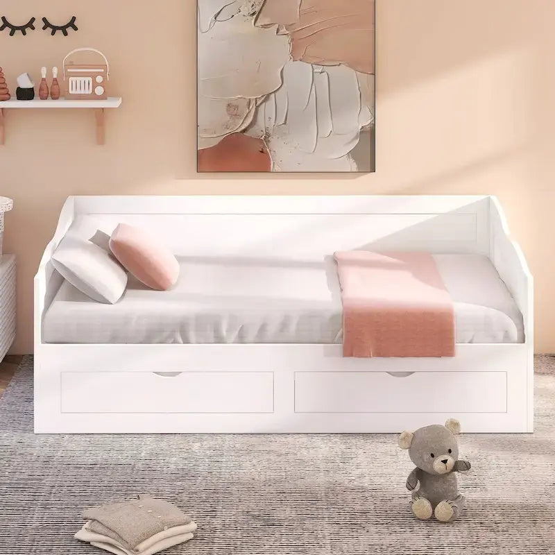 Wooden Extendable Sofa Bed, Daybed with Trundle and 2 Storage Drawers