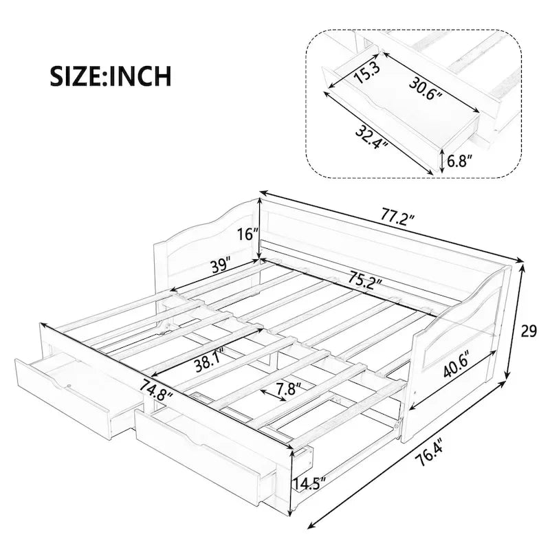 Wooden Extendable Sofa Bed, Daybed with Trundle and 2 Storage Drawers