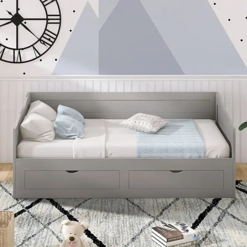 Wooden Extendable Sofa Bed, Daybed with Trundle and 2 Storage Drawers