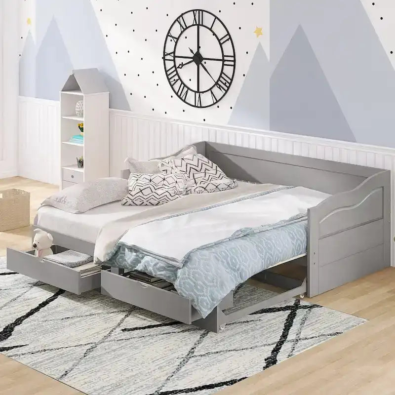 Wooden Extendable Sofa Bed, Daybed with Trundle and 2 Storage Drawers