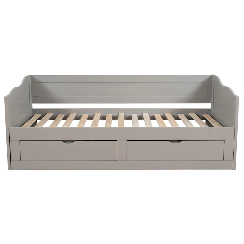 Wooden Extendable Sofa Bed, Daybed with Trundle and 2 Storage Drawers