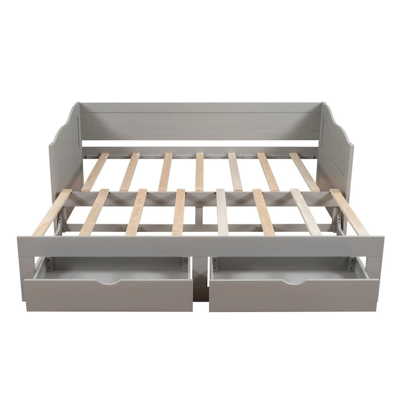 Wooden Extendable Sofa Bed, Daybed with Trundle and 2 Storage Drawers