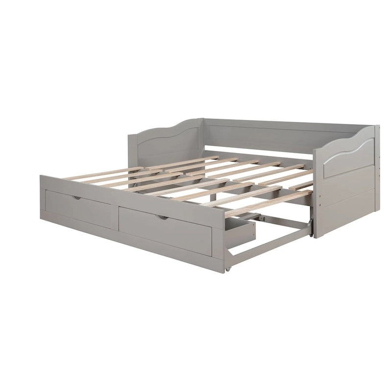 Wooden Extendable Sofa Bed, Daybed with Trundle and 2 Storage Drawers