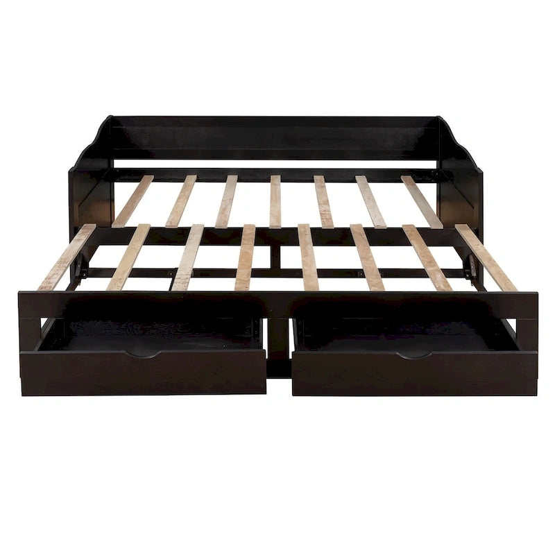 Wooden Extendable Sofa Bed, Daybed with Trundle and 2 Storage Drawers