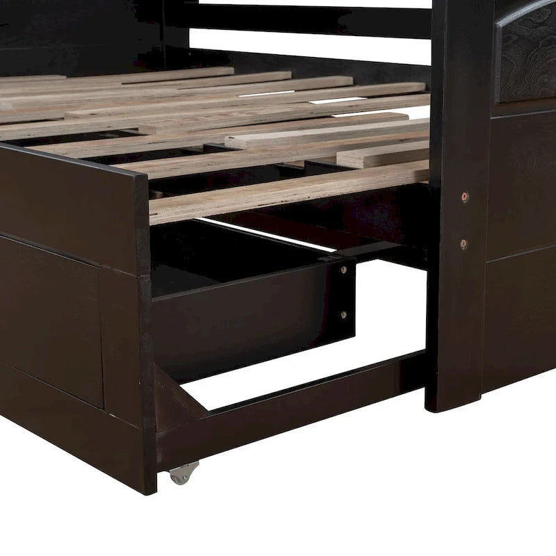 Wooden Extendable Sofa Bed, Daybed with Trundle and 2 Storage Drawers