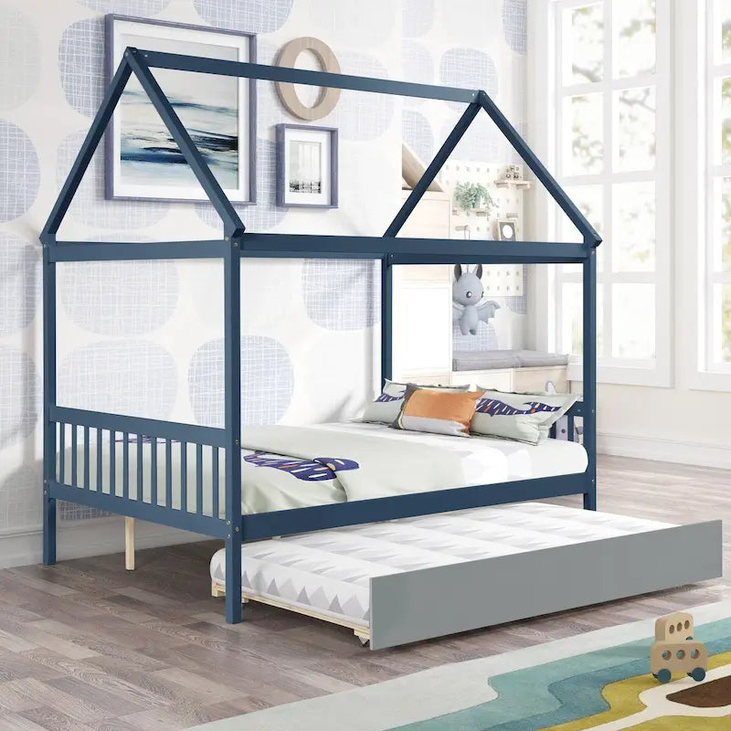 Navy Blue House FullL Bed With Trundle of Grey Color