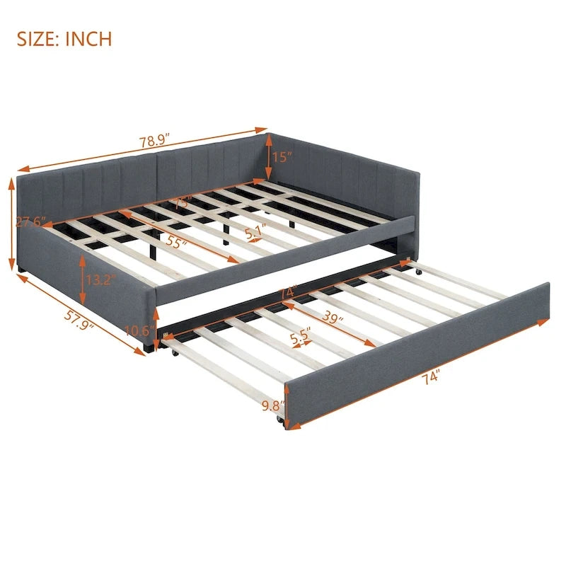Full Size Upholstered Daybed with Trundle Sofa Bed Frame No Box Spring Needed, Linen Fabric