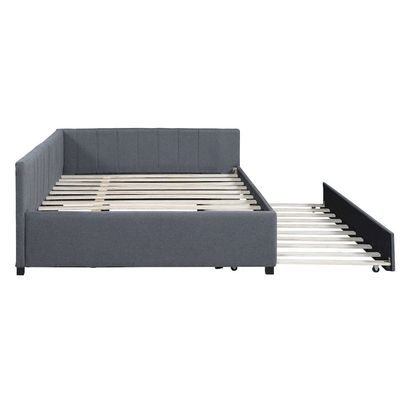 Full Size Upholstered Daybed with Trundle Sofa Bed Frame No Box Spring Needed, Linen Fabric