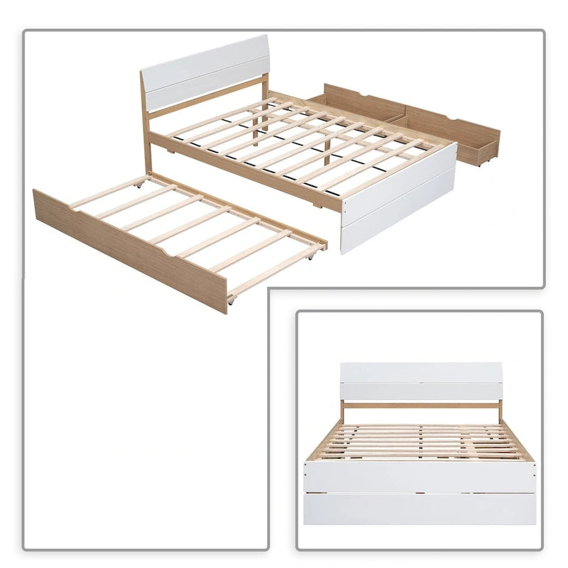 Modern Farmhouse Style Wooden Full Size Platform Bed Frame with Twin Size Trundle Bed