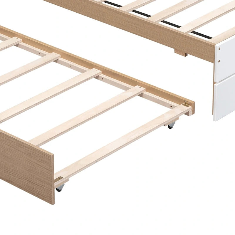 Modern Farmhouse Style Wooden Full Size Platform Bed Frame with Twin Size Trundle Bed