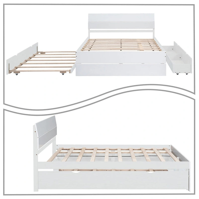 Modern Farmhouse Style Wooden Full Size Platform Bed Frame with Twin Size Trundle Bed