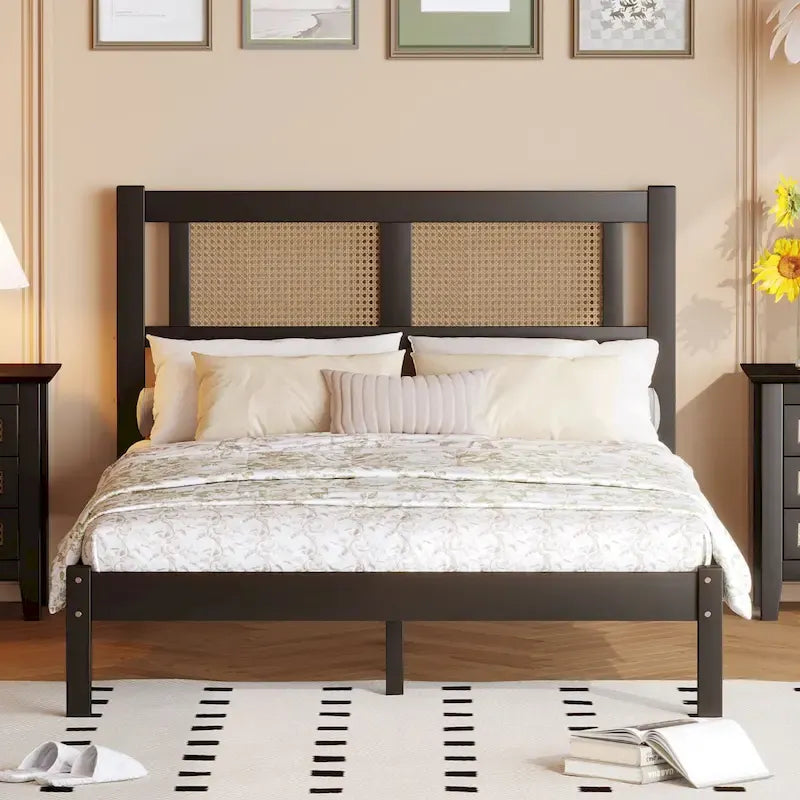 Wooden Platform Bed with Natural Rattan Headboard