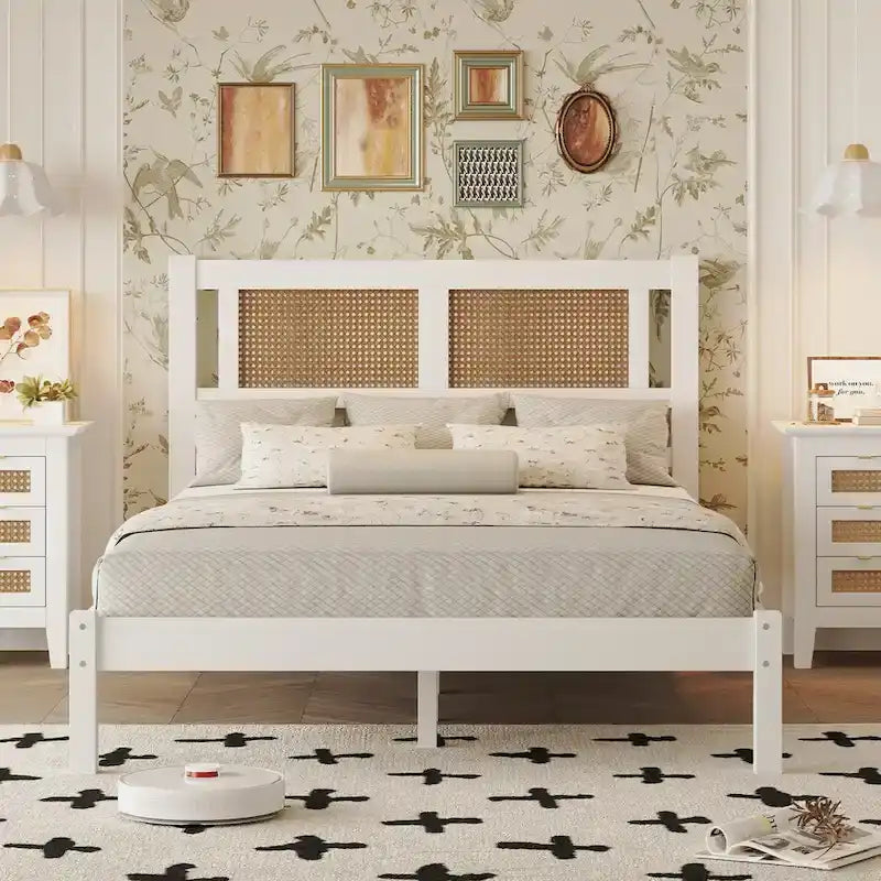 Wooden Platform Bed with Natural Rattan Headboard