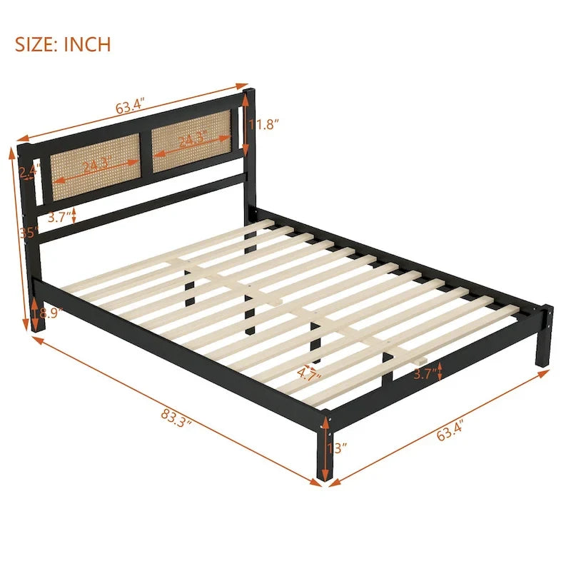 Wooden Platform Bed with Natural Rattan Headboard