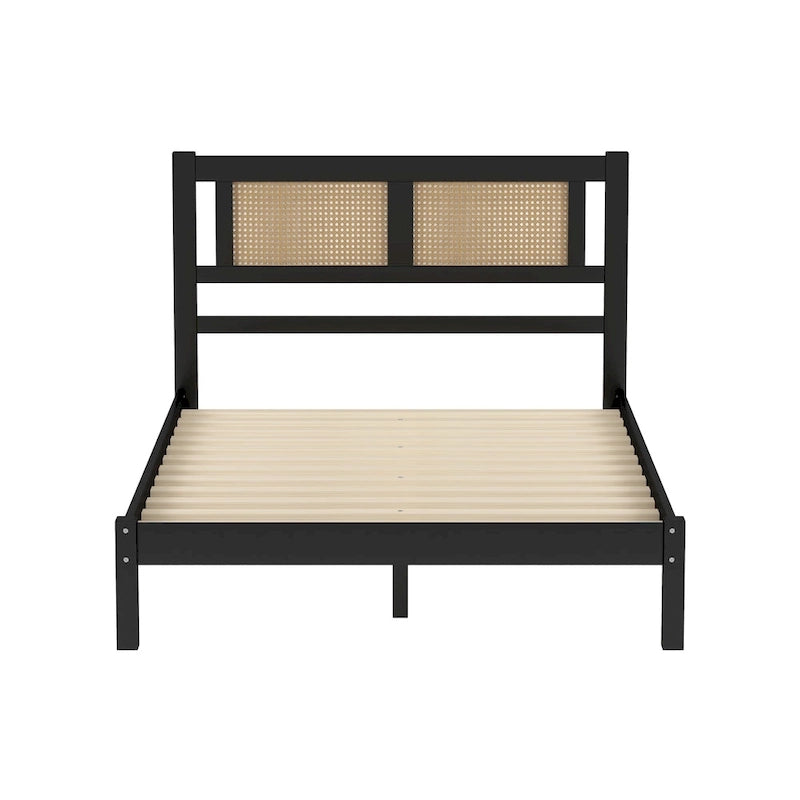 Wooden Platform Bed with Natural Rattan Headboard