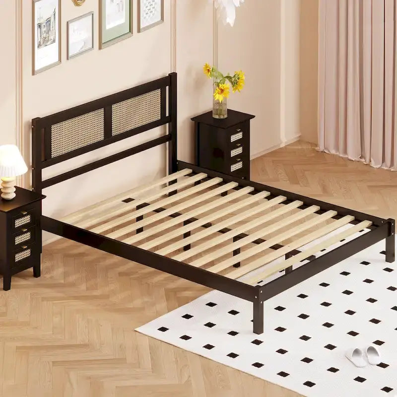 Wooden Platform Bed with Natural Rattan Headboard