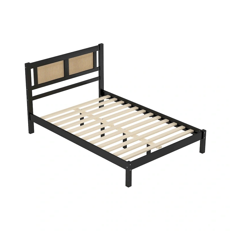Wooden Platform Bed with Natural Rattan Headboard