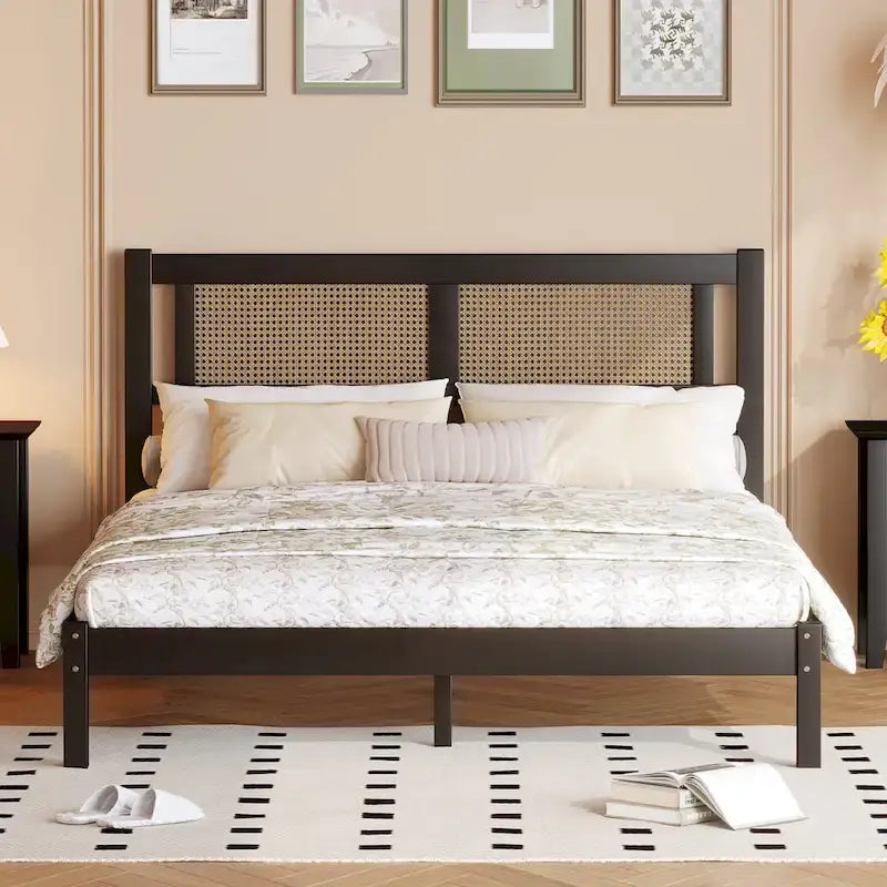 Wooden Platform Bed with Natural Rattan Headboard