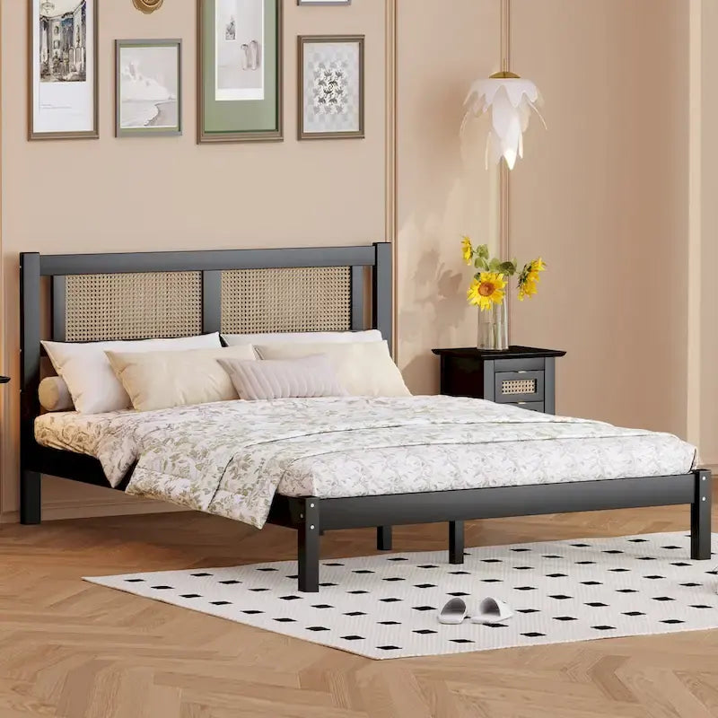 Wooden Platform Bed with Natural Rattan Headboard