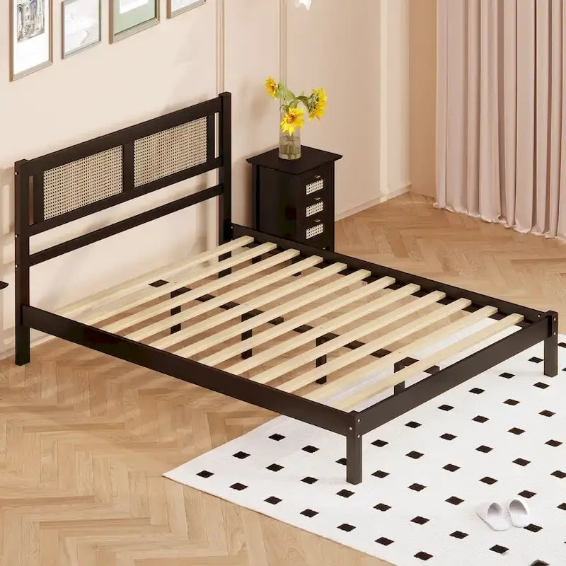 Wooden Platform Bed with Natural Rattan Headboard