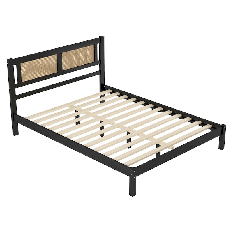 Wooden Platform Bed with Natural Rattan Headboard