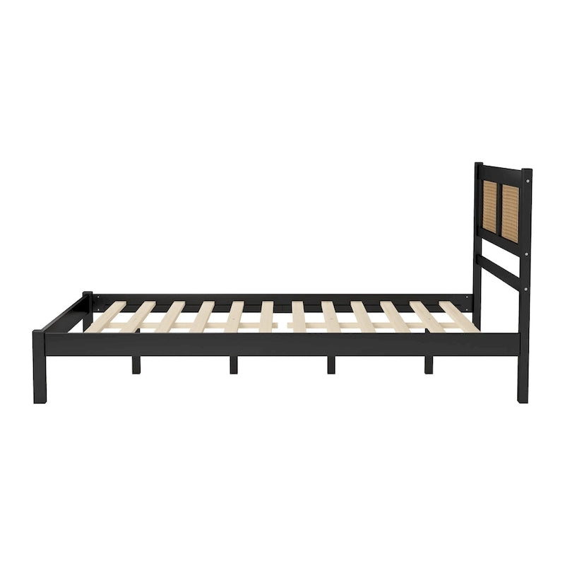 Wooden Platform Bed with Natural Rattan Headboard