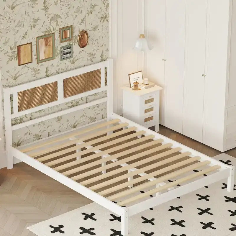 Wooden Platform Bed with Natural Rattan Headboard