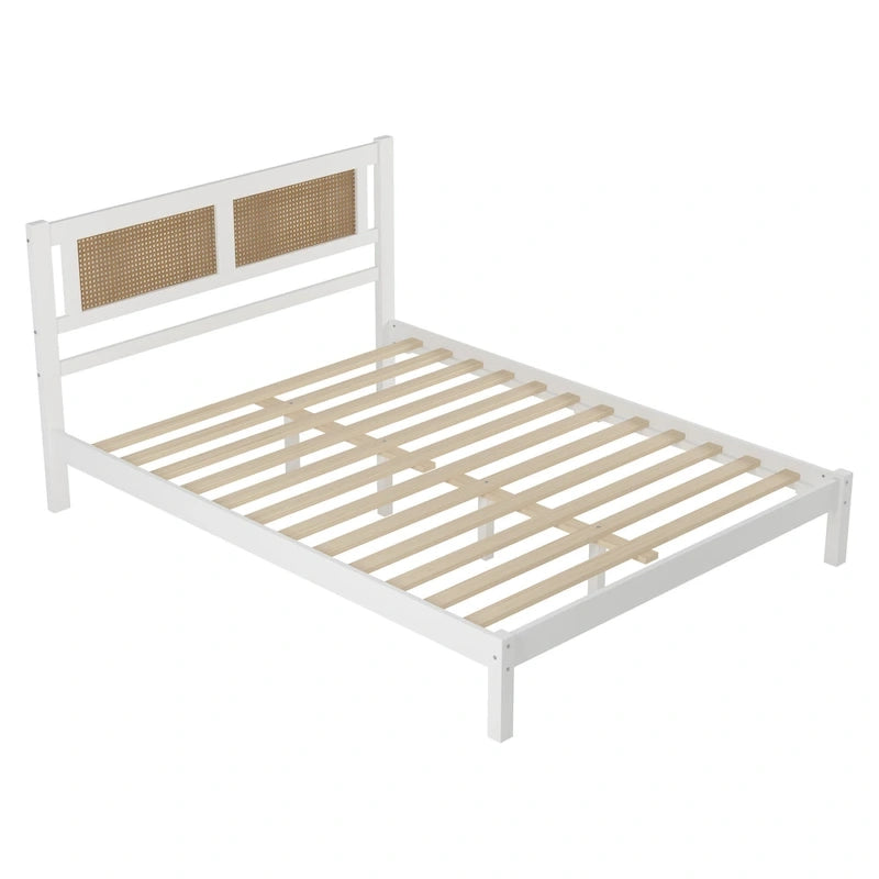 Wooden Platform Bed with Natural Rattan Headboard
