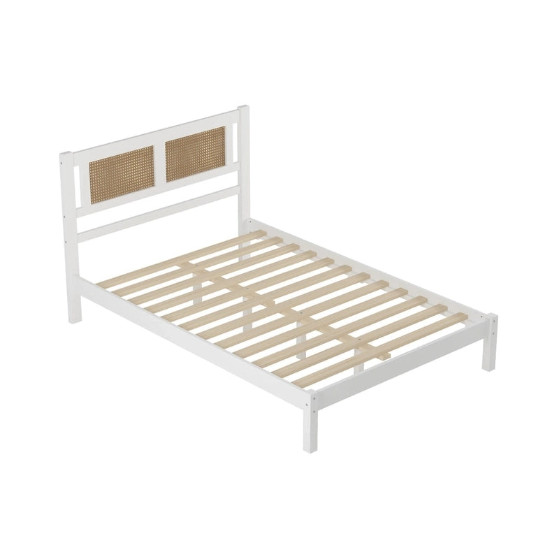 Wooden Platform Bed with Natural Rattan Headboard