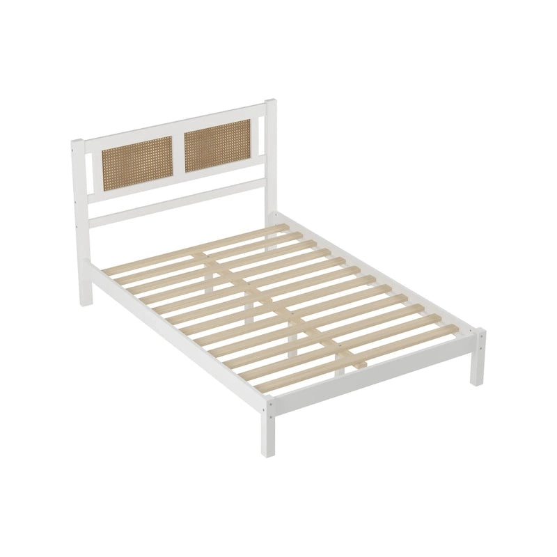 Wooden Platform Bed with Natural Rattan Headboard