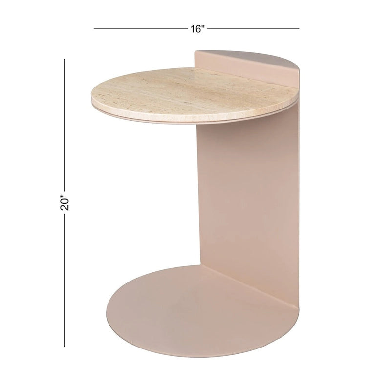 Javier 20 Contemporary Natural Marble/Metal Handmade C-Shaped End Table, Beige/Pink Beige, by JONATHAN Y.
