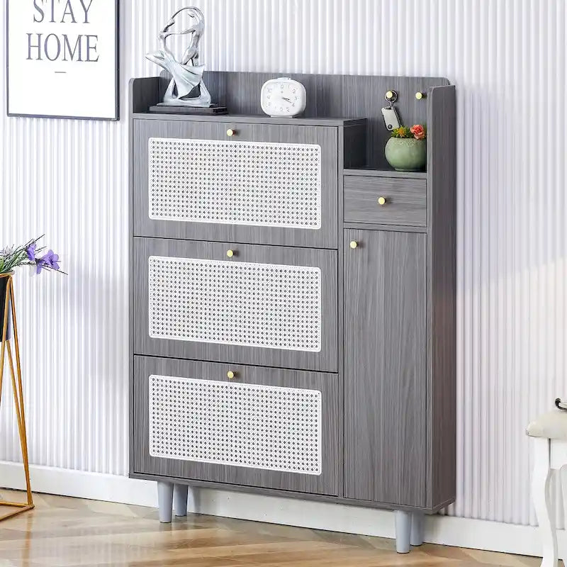 Meuble de rangement moderne minimaliste en rotin japonais, petit meuble à chaussures avec dessus d'armoire, convient aux couloirs et aux salons.
