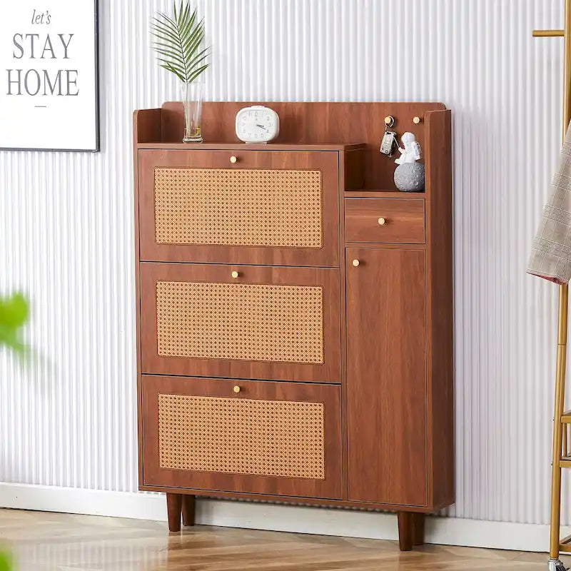 Meuble de rangement moderne minimaliste en rotin japonais, petit meuble à chaussures avec dessus d'armoire, convient aux couloirs et aux salons.