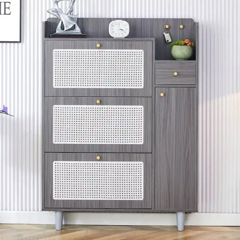 Meuble de rangement moderne minimaliste en rotin japonais, petit meuble à chaussures avec dessus d'armoire, convient aux couloirs et aux salons.