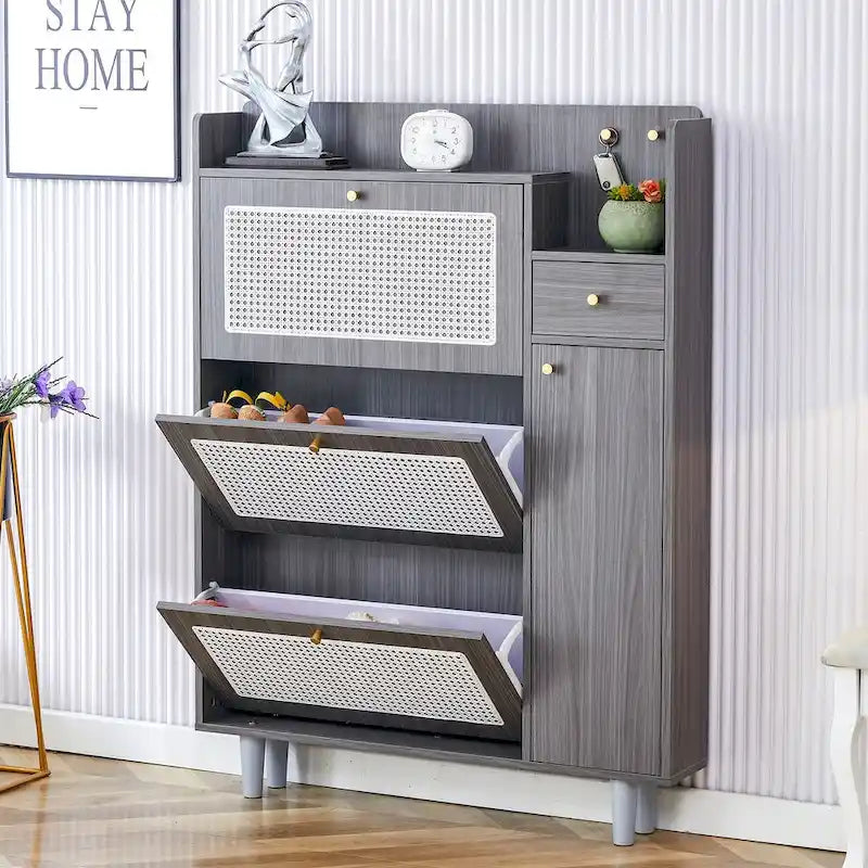 Meuble de rangement moderne minimaliste en rotin japonais, petit meuble à chaussures avec dessus d'armoire, convient aux couloirs et aux salons.