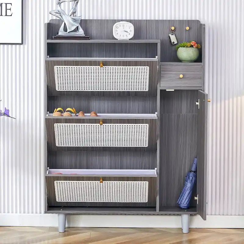 Meuble de rangement moderne minimaliste en rotin japonais, petit meuble à chaussures avec dessus d'armoire, convient aux couloirs et aux salons.