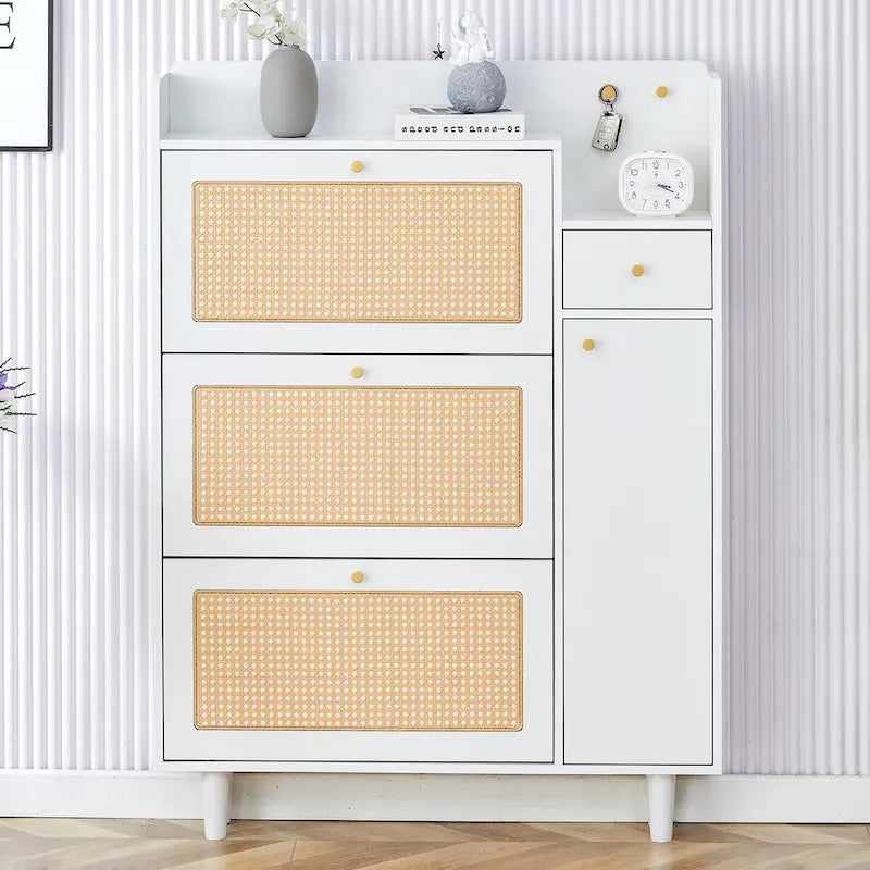 Meuble de rangement moderne minimaliste en rotin japonais, petit meuble à chaussures avec dessus d'armoire, convient aux couloirs et aux salons.