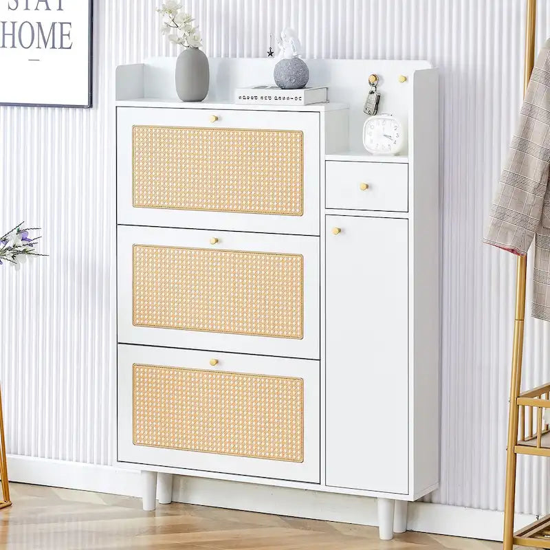 Meuble de rangement moderne minimaliste en rotin japonais, petit meuble à chaussures avec dessus d'armoire, convient aux couloirs et aux salons.
