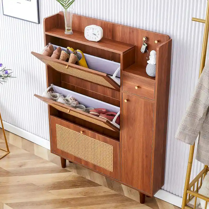 Meuble de rangement moderne minimaliste en rotin japonais, petit meuble à chaussures avec dessus d'armoire, convient aux couloirs et aux salons.