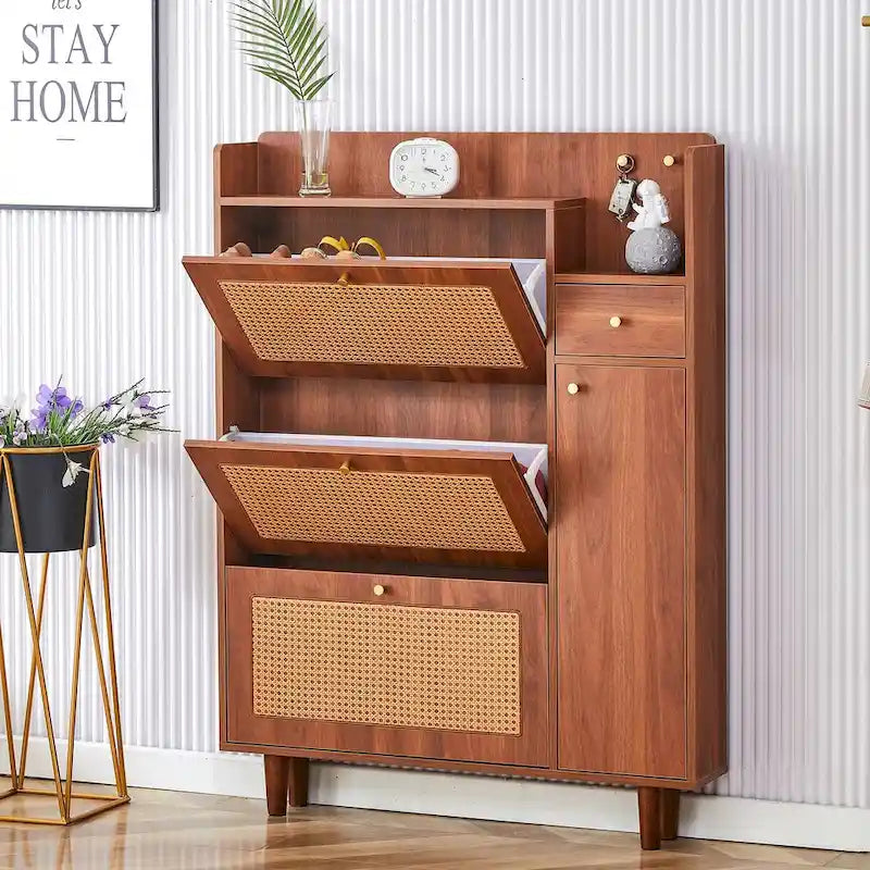 Meuble de rangement moderne minimaliste en rotin japonais, petit meuble à chaussures avec dessus d'armoire, convient aux couloirs et aux salons.