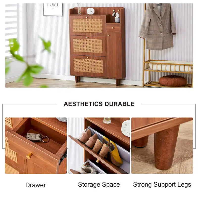 Meuble de rangement moderne minimaliste en rotin japonais, petit meuble à chaussures avec dessus d'armoire, convient aux couloirs et aux salons.