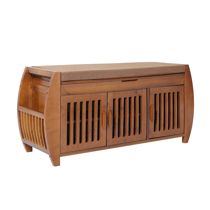 Bamboo Shoe Storage Bench with Storage Space and Padded Seat Cushion, for Entryway, Living Room, Bedroom, Brown