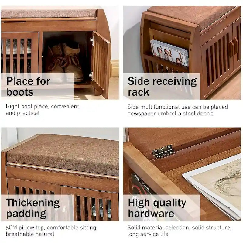 Bamboo Shoe Storage Bench with Storage Space and Padded Seat Cushion, for Entryway, Living Room, Bedroom, Brown