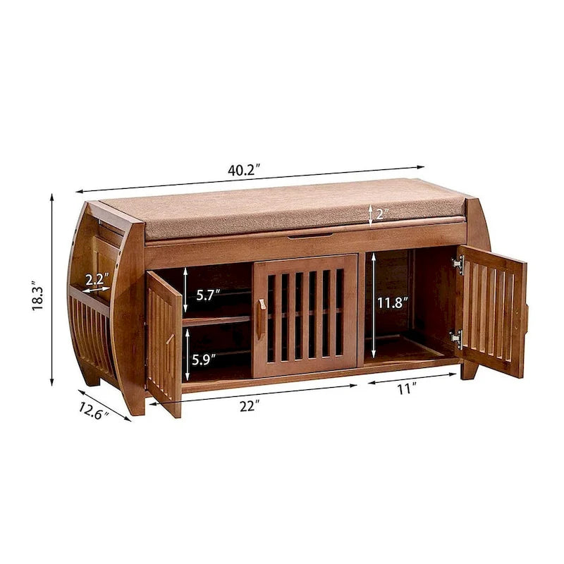 Bamboo Shoe Storage Bench with Storage Space and Padded Seat Cushion, for Entryway, Living Room, Bedroom, Brown