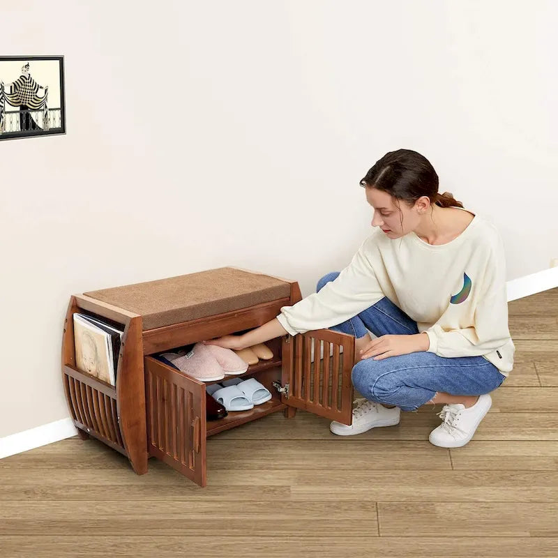 Bamboo Shoe Storage Bench with Storage Space and Padded Seat Cushion, for Entryway, Living Room, Bedroom, Brown