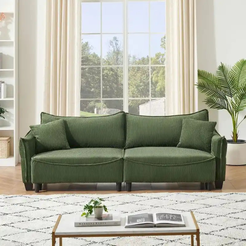 2345 Green Corduroy Fabric, Sofa Can Be Converted Into A Sofa Bed with Two Throw Pillows