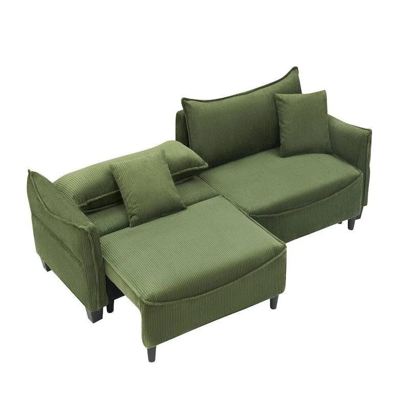 2345 Green Corduroy Fabric, Sofa Can Be Converted Into A Sofa Bed with Two Throw Pillows
