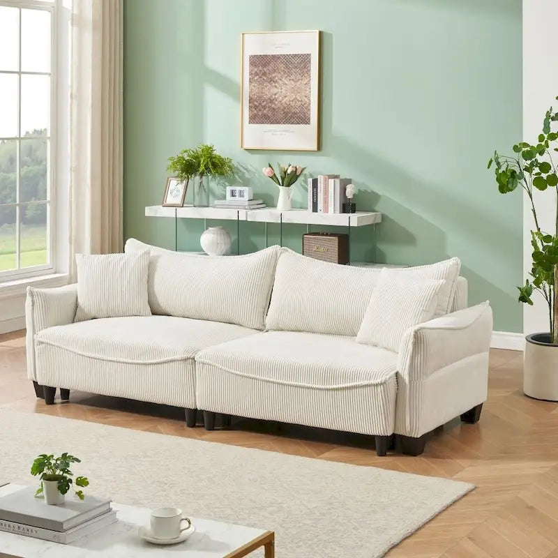 2345 Green Corduroy Fabric, Sofa Can Be Converted Into A Sofa Bed with Two Throw Pillows